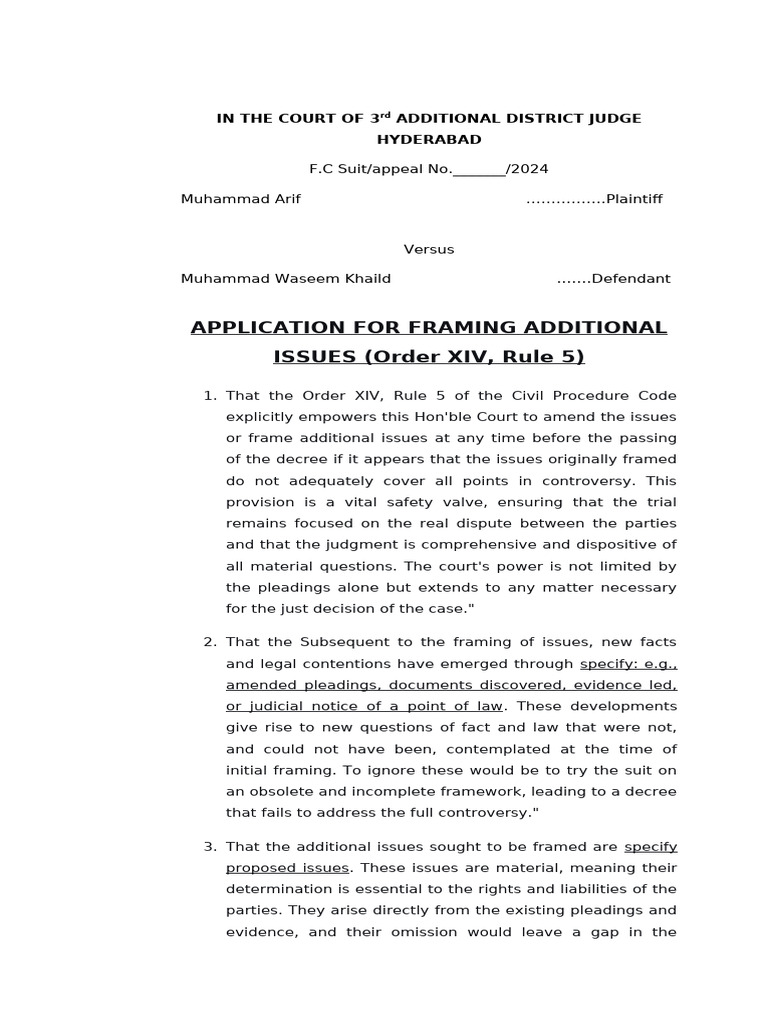 APPLICATION FOR FRAMING ADDITIONAL ISSUES (Order XIV, Rule 5) | PDF ...