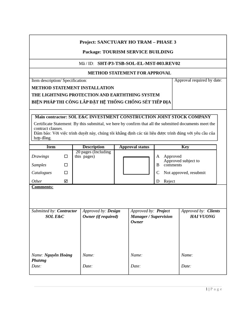 SHT-P3-TSB-SOL-EL-MST-003 Method Statement For Lightning Protection and ...