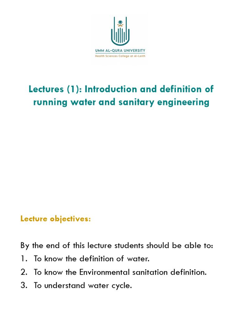 Lecture (1 ) Introduction and Definition of Running Water and Sanitary ...