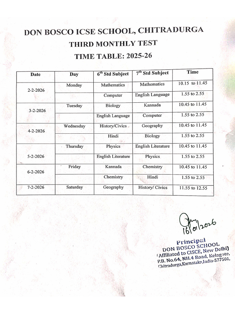 3rd Monthly Test Timetable 2025-26 (6th&7th) | PDF