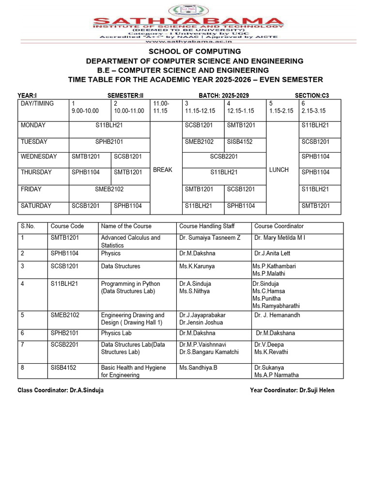 I Be Cse - II Sem Time Table-2025-2026-1 | PDF | Computing
