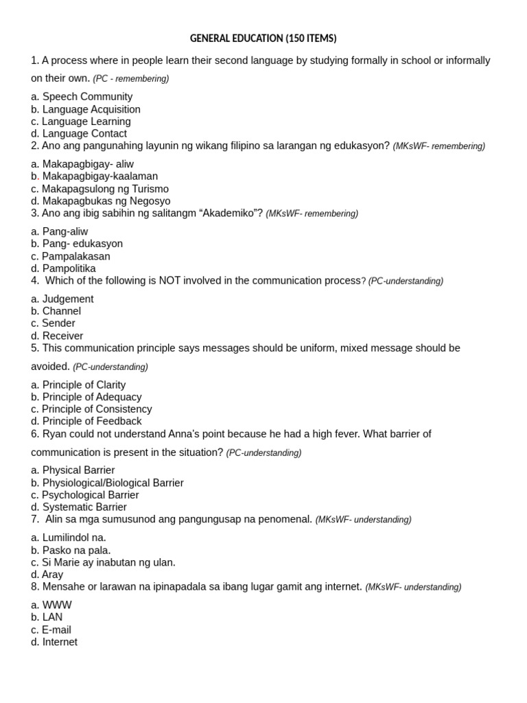 General Education Test Questions 1 | PDF | Communication | Paintings