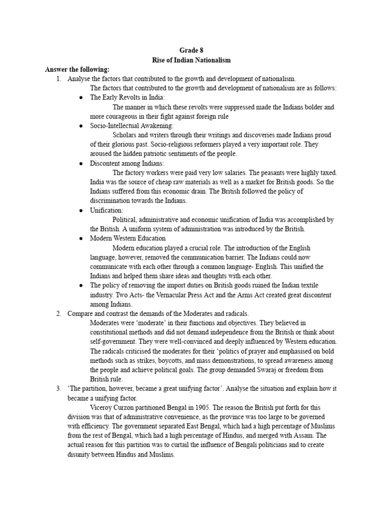 Grade 8 - Rise of Indian Nationalism - Notes | PDF | Partition Of India