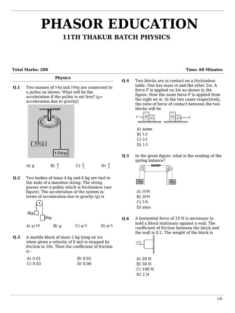 11th Thakur Batch Physics Questions Paper | PDF | Force | Friction