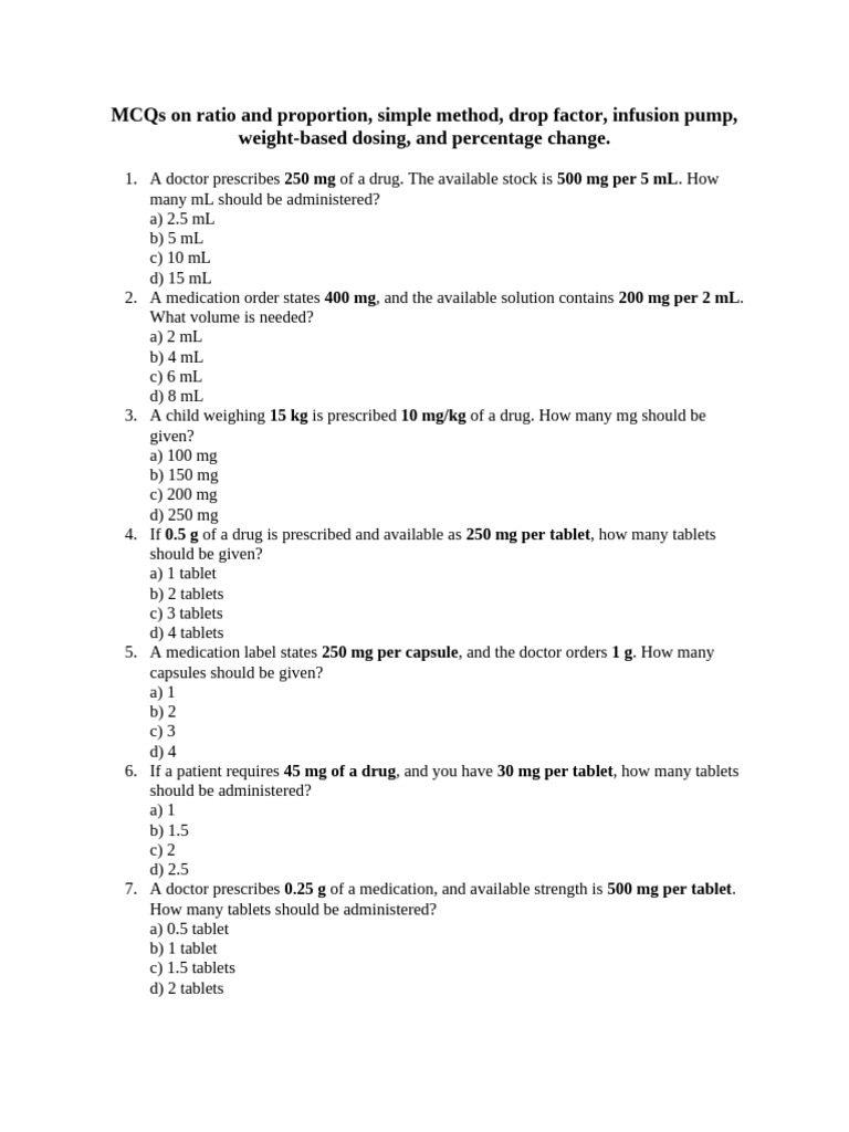 MCQs On Ratio and Proportion | PDF | Tablet (Pharmacy) | Dose ...