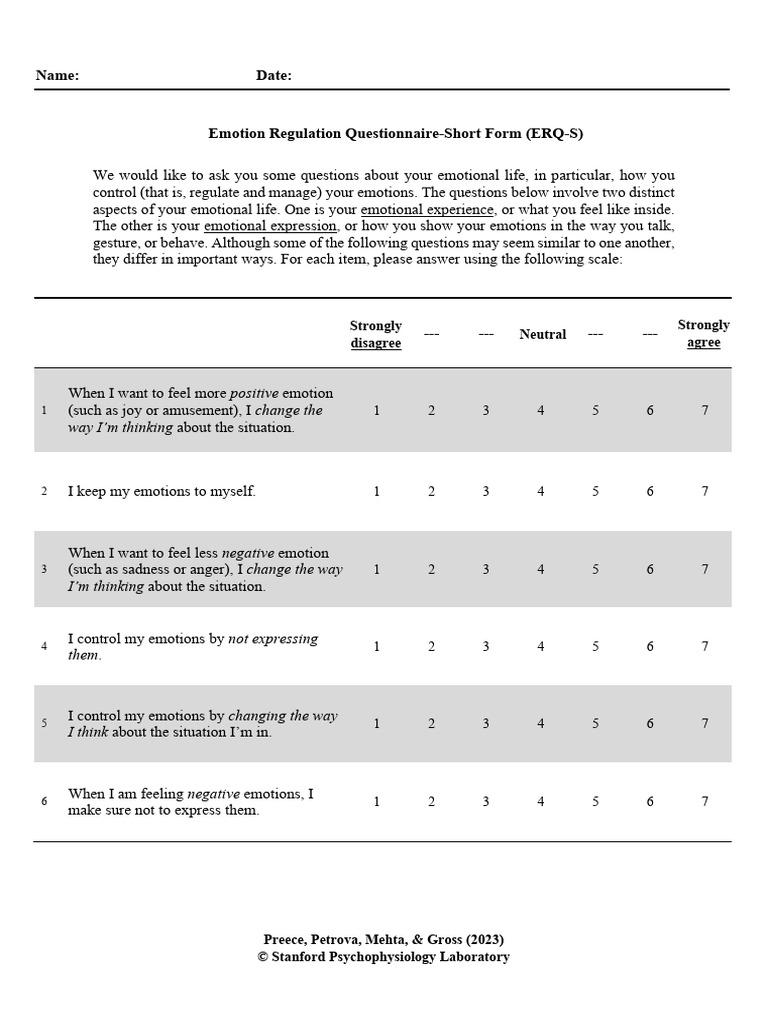 ERQ-S Questionnaire and Scoring Instructions 2024 11 | PDF | Emotions ...