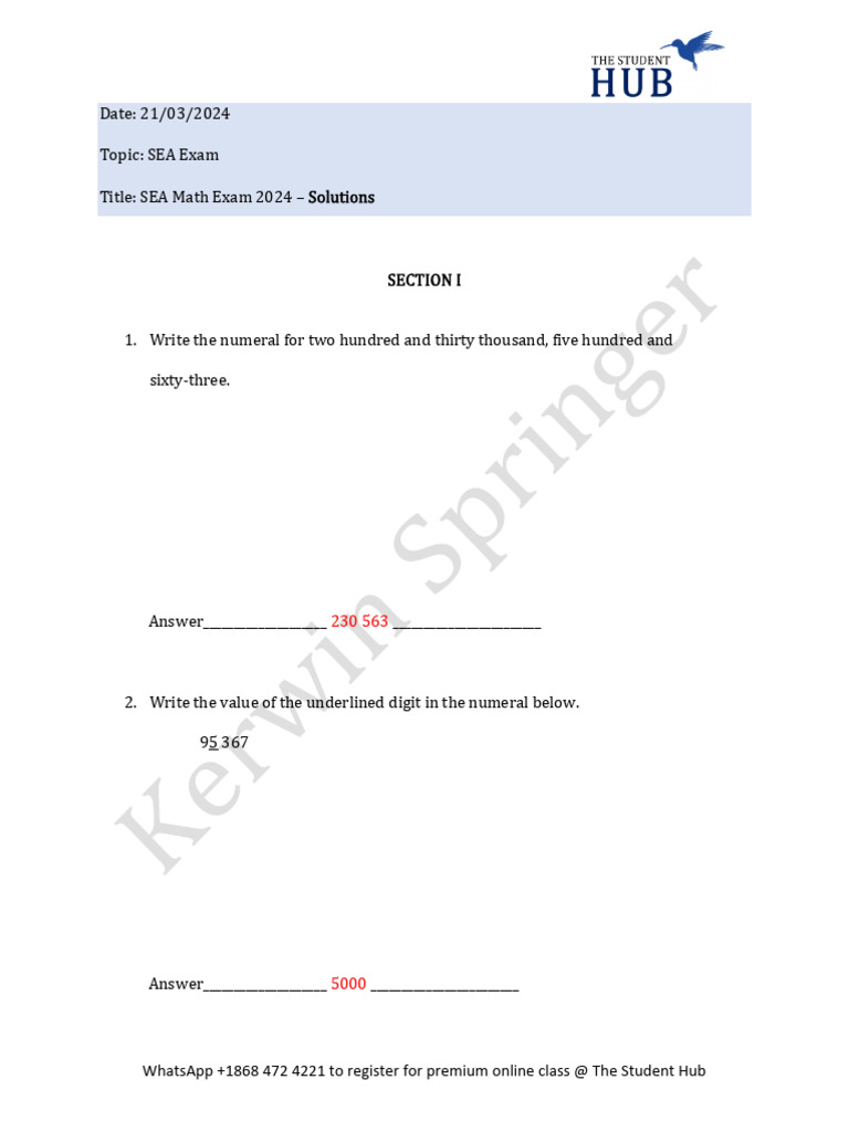 SEA Math Exam 2024 - Solutions | PDF | Litre | Mathematics