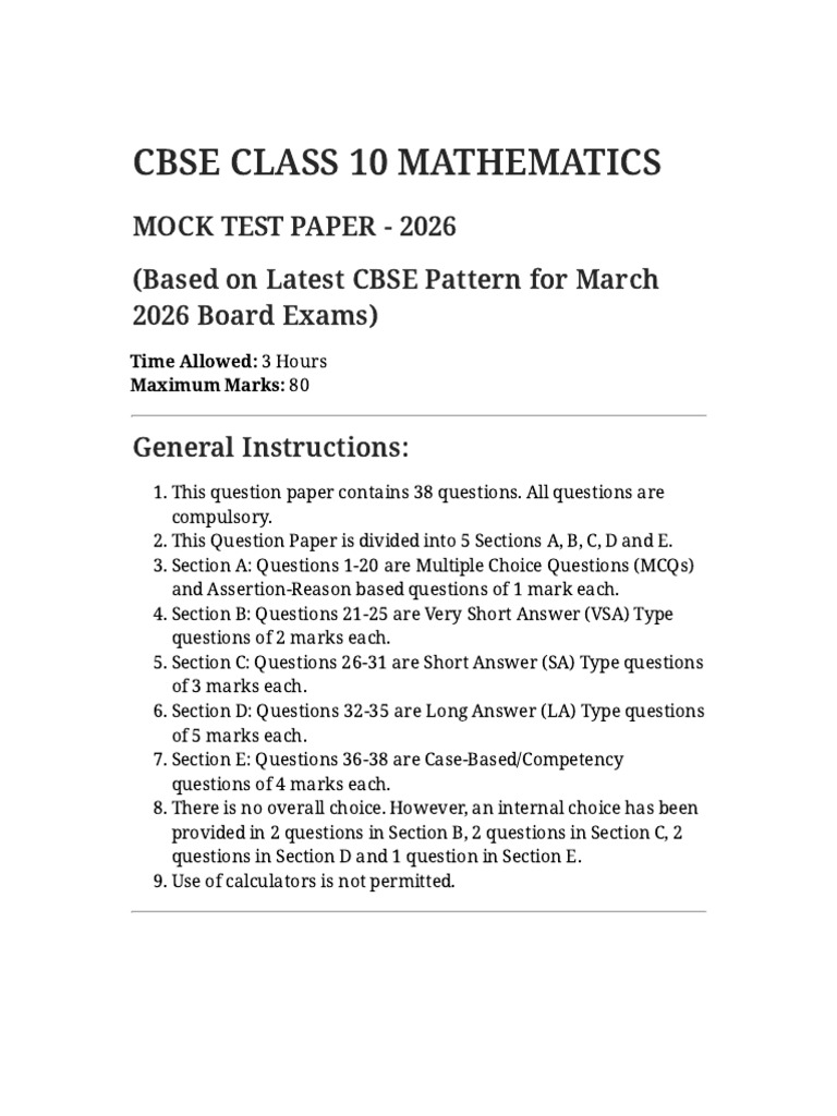 Class 10 Maths Mock Test | PDF | Sphere | Area