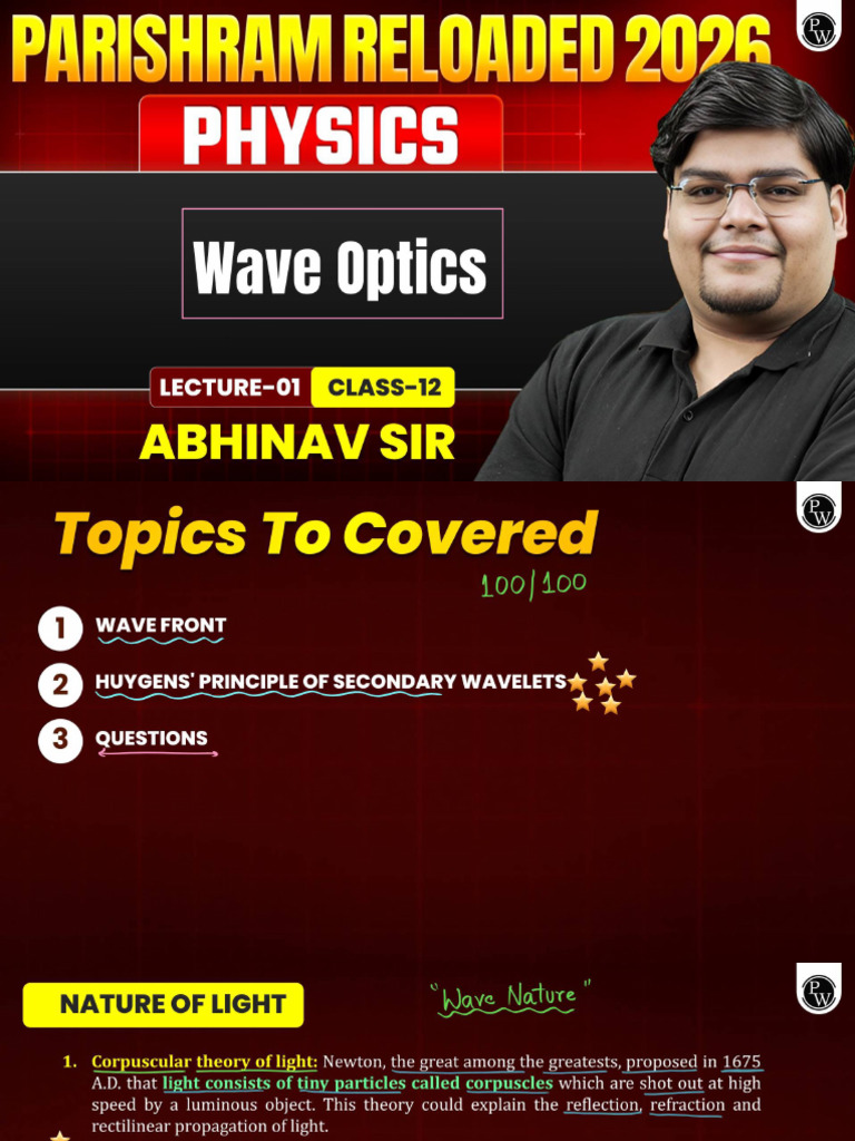 Wave Optics 01 Class Notes PARISHRAM RELOADED 2026 (Class 12th) | PDF