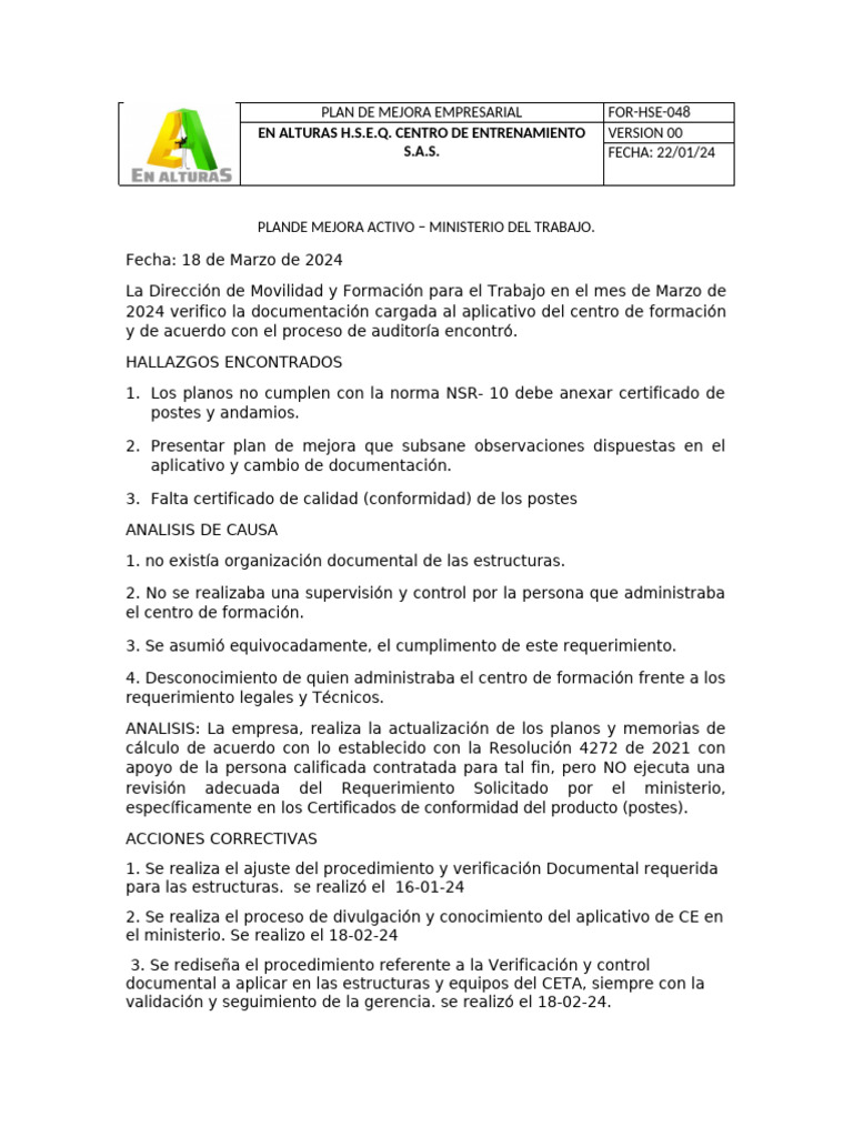 Plan de Mejora Empresarial | PDF