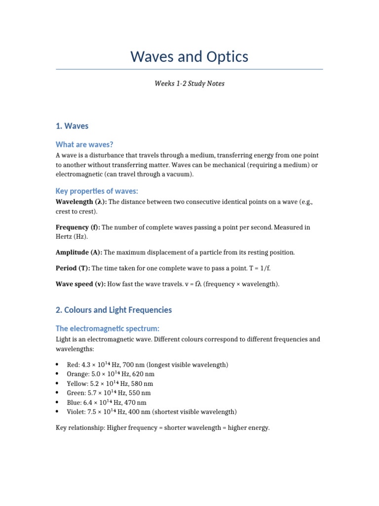 Waves and Optics Study Notes | PDF | Reflection (Physics) | Waves