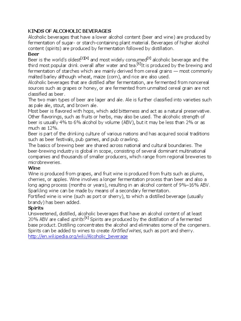 Kinds of Alcoholic Beverages PDF Brewing Alcoholic Drinks