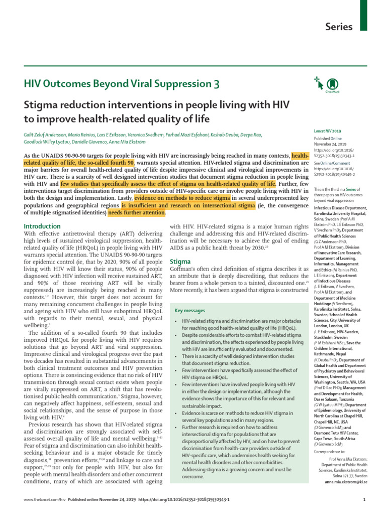 Stigma Reduction Interventions in People Living With HIV To Improve ...