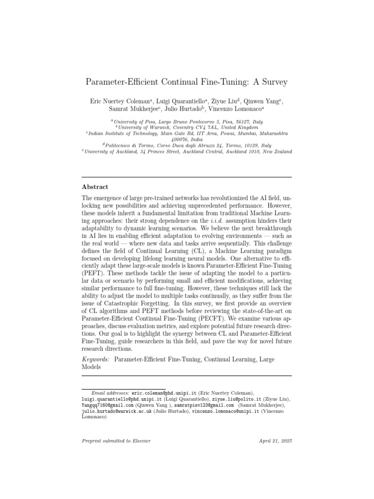Parameter-Efficient Continual Fine-Tuning: A Survey: A A D e C B A | PDF