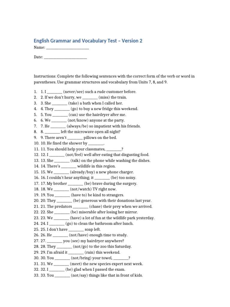 English Grammar Vocabulary Test Version2 | PDF | Chess Theory | Chess