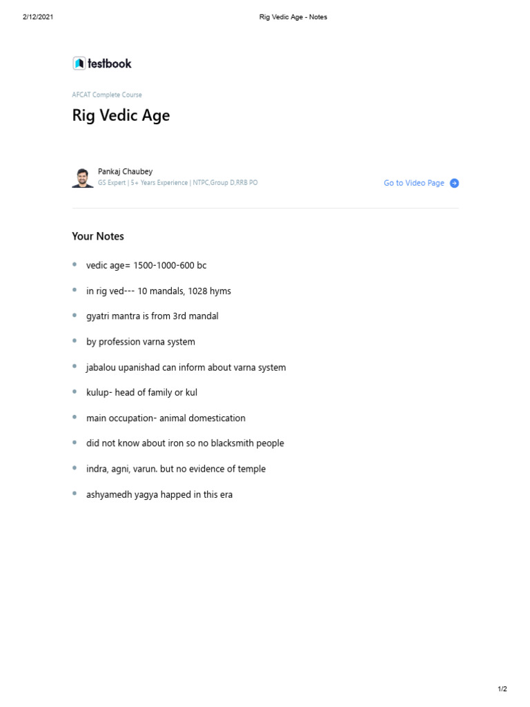 Rig Vedic Age - Notes | PDF