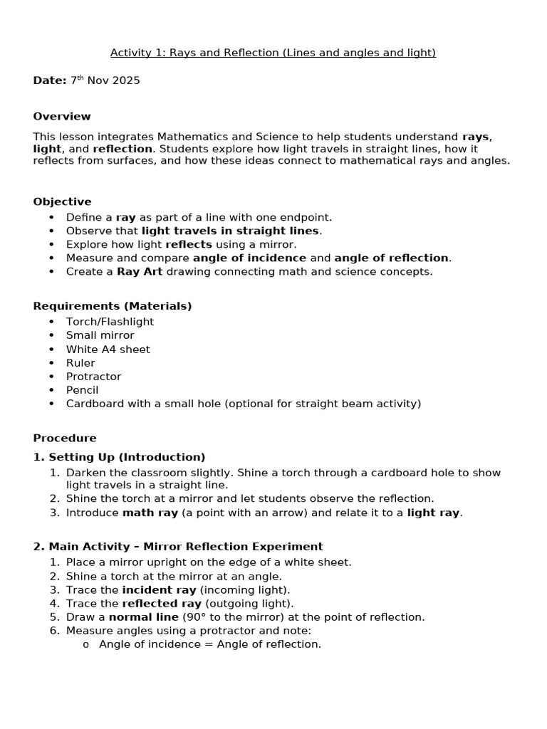 Grade5 Rays Reflection Lesson | PDF | Reflection (Physics) | Angle