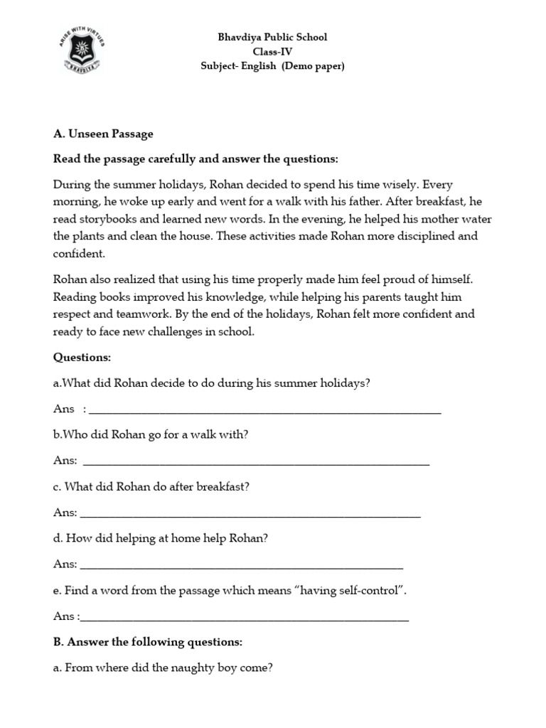 Class 4 English Demo Paper | PDF | Linguistic Morphology | Grammar