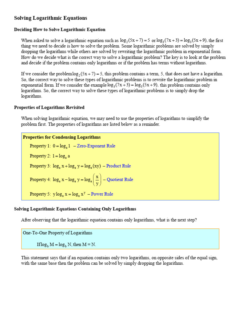 Sem 2 Log Solving Logarithmic Equations | PDF | Logarithm | Quadratic ...