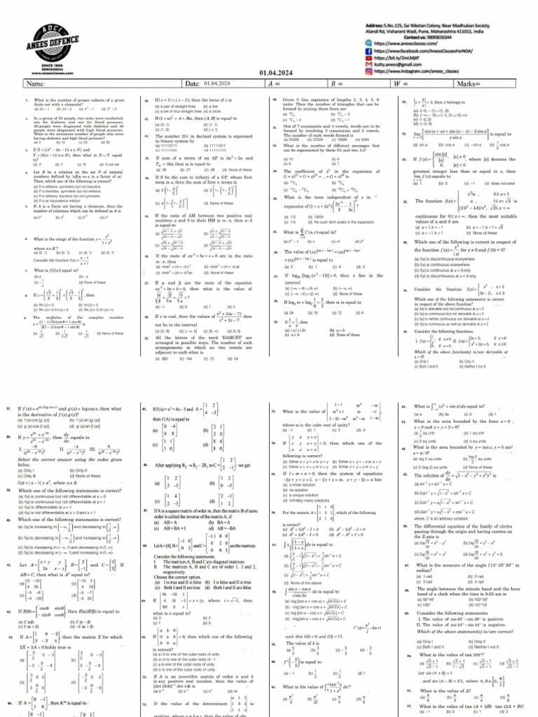 12th NDA Maths 01.04.2024 | PDF