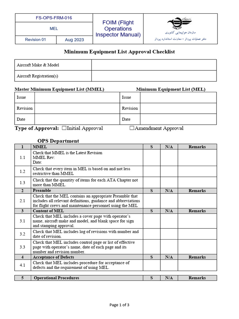 (Mel Checklist) Fs Ops FRM 016 | PDF | Federal Aviation Administration ...