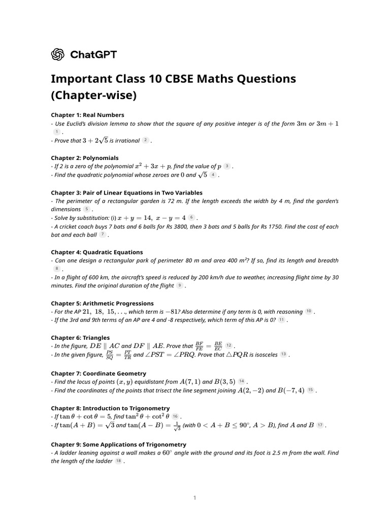 Important Class 10 CBSE Maths Questions (Chapter-Wise) | PDF | Area ...