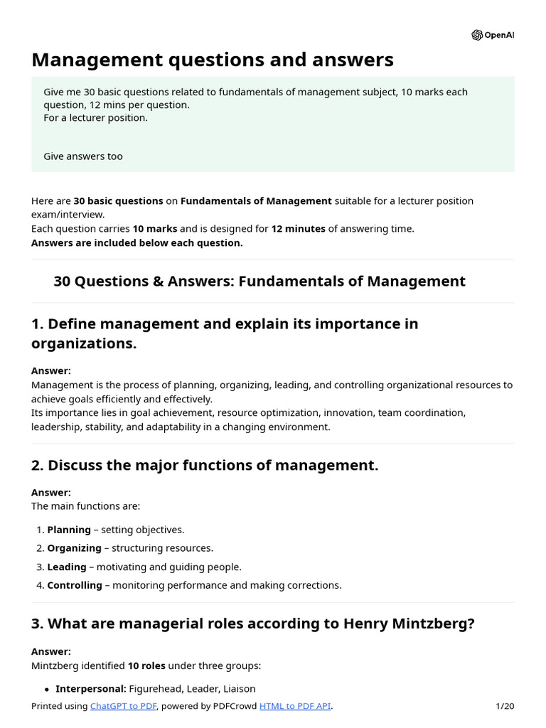 Management Questions and Answers | PDF | Leadership | Change Management