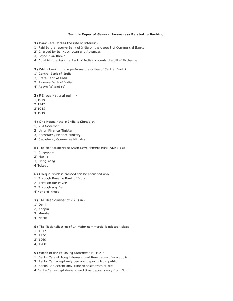Sample Paper Of General Awareness Related To Banking Transaction