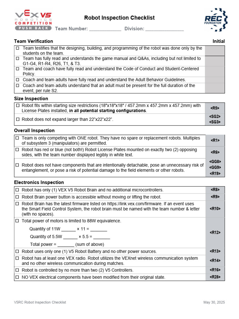 V5RC Push Back Robot Inspection Checklist - v1 - 2025!05!30 | PDF ...