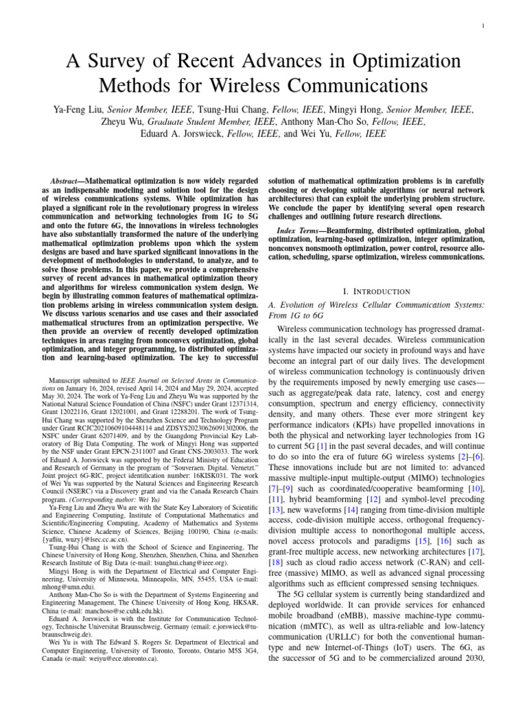 A Survey of Recent Advances in Optimization Methods For Wireless ...