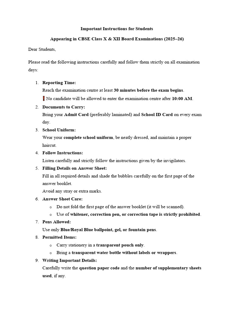 (Detailed) Important Instructions For Students Appearing in CBSE Class ...