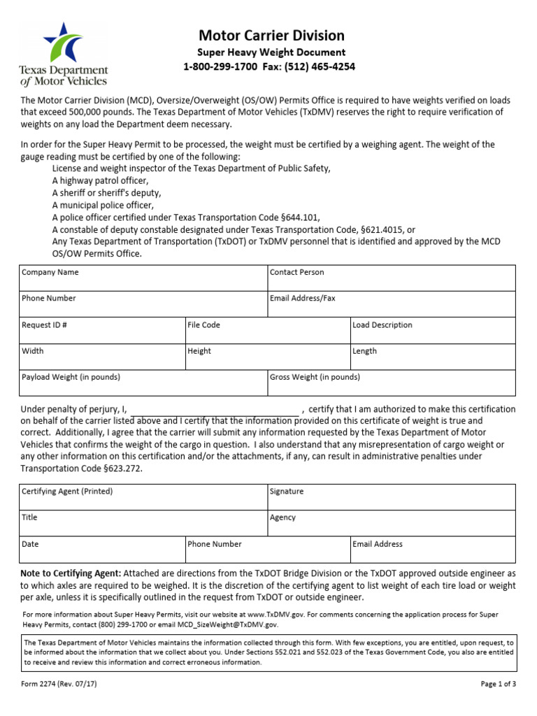 Super Heavy Weight Form-Rev 7-17 | PDF | Transport | Vehicles