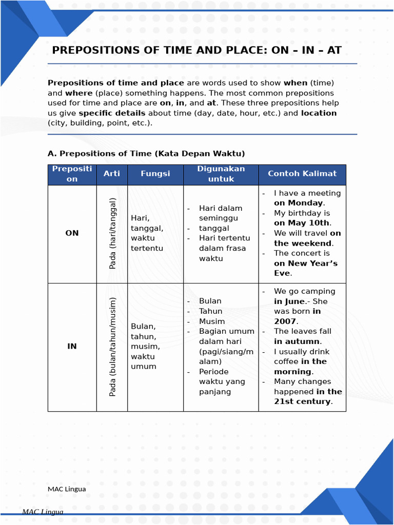 Prepositions of Time and Place | PDF