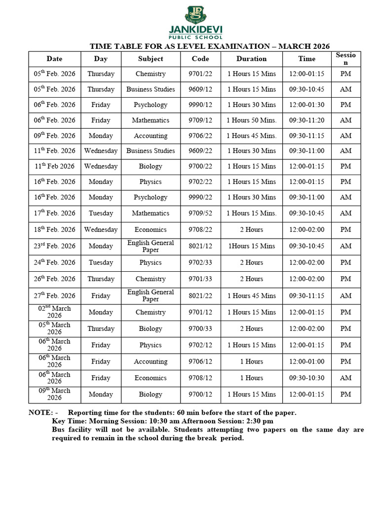 Time Table For As Level For March 2026 | PDF