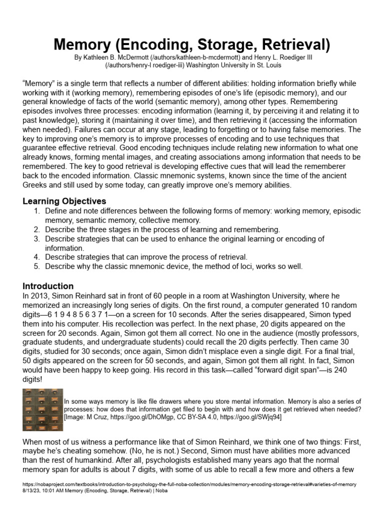 Memory (Encoding, Storage, Retrieval) Noba | PDF | Recall (Memory) | Memory