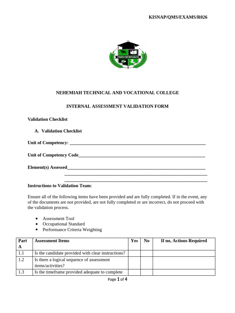 Internal Validation Checklist | PDF