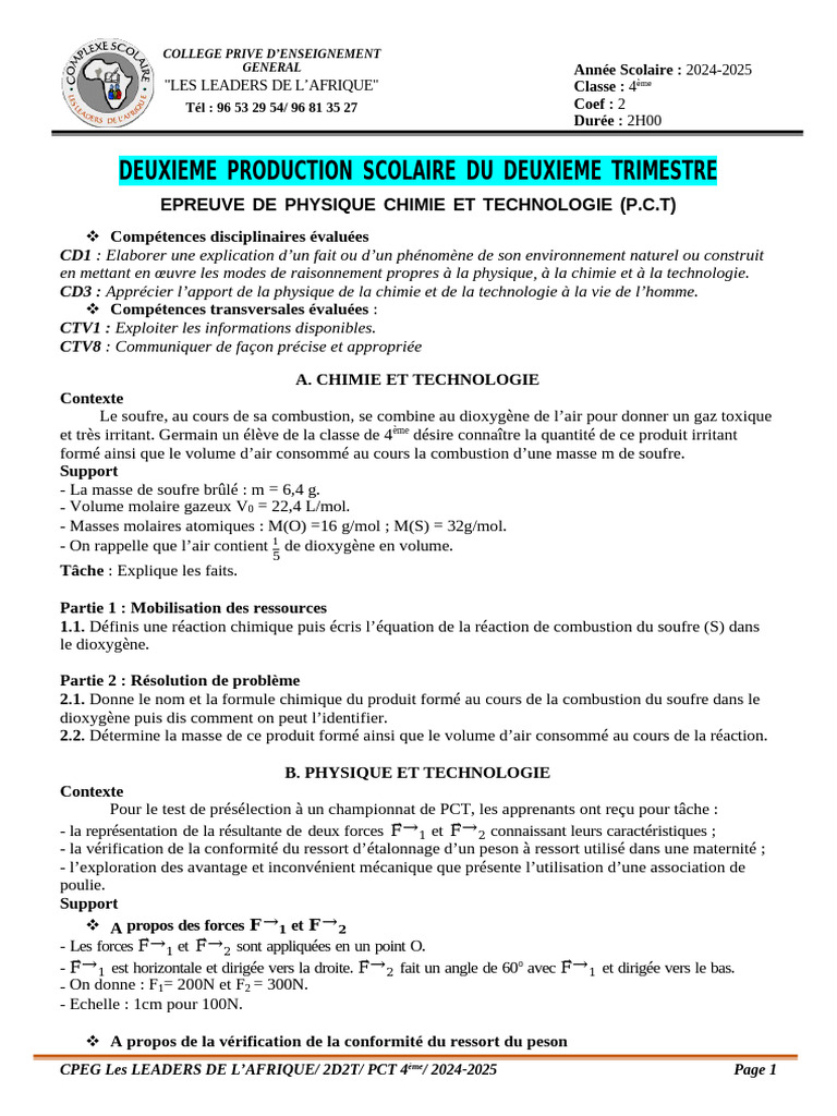 F5 2D2T PCT 4ème Leaders 24-25 | PDF | Chimie | La combustion