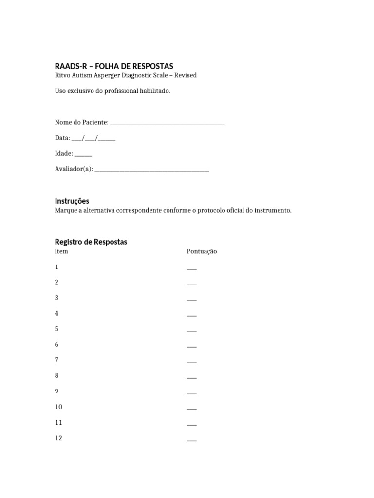Modelo Folha Respostas RAADS-R | PDF