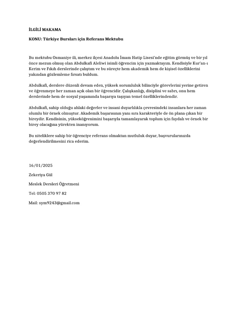 Referans Mektubu A4 | PDF