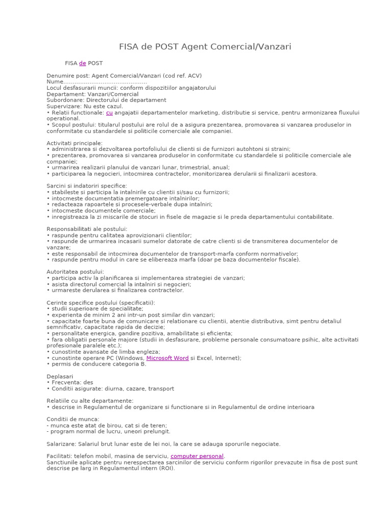 FISA de POST Agent Comercial | PDF