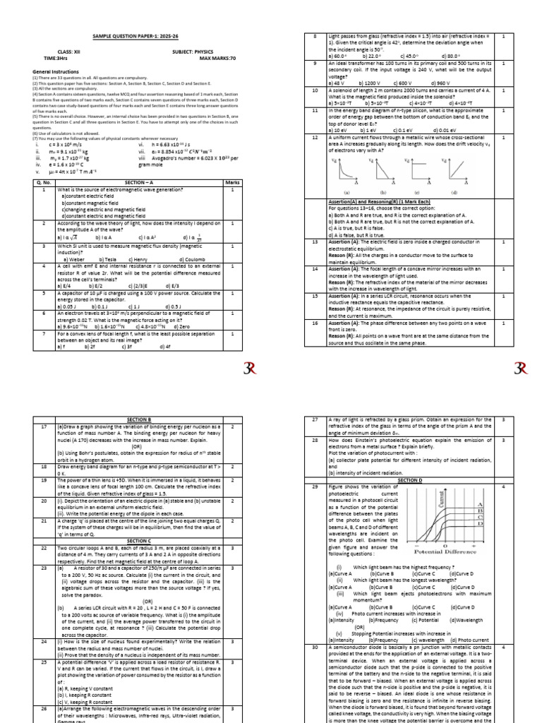 12 Physics 20 Sample Paper. | PDF | Electromagnetic Induction | Inductance