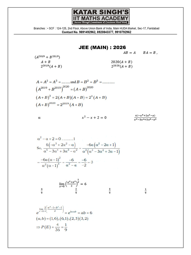 Maths Question Bank - JEE Main - 2026 - Hints & Sol | PDF | Circle ...