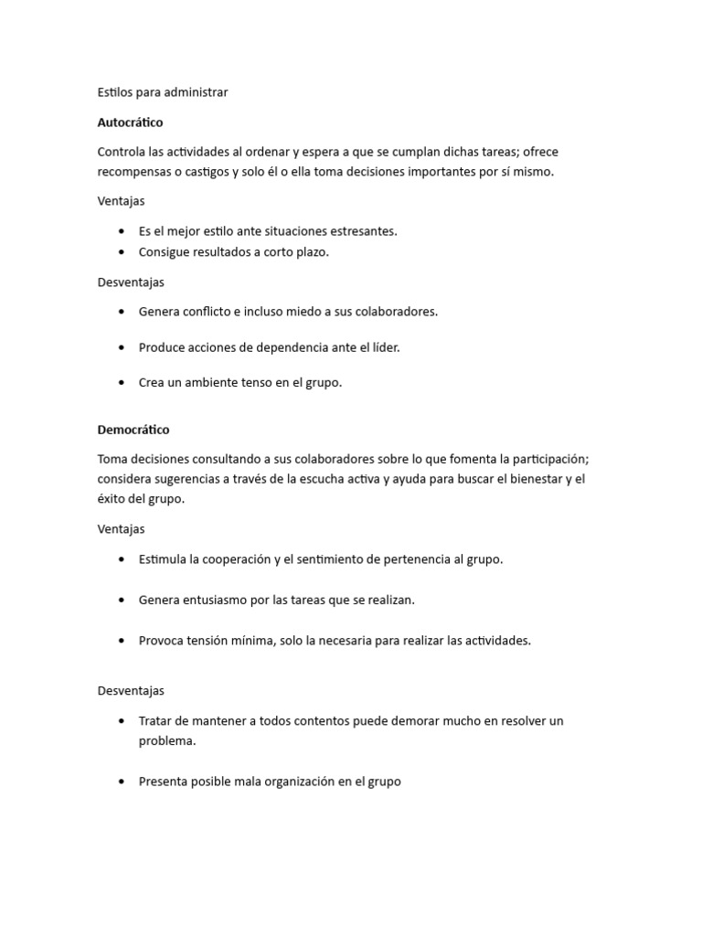 Estilos para Administrar | PDF | Liderazgo | Toma de decisiones