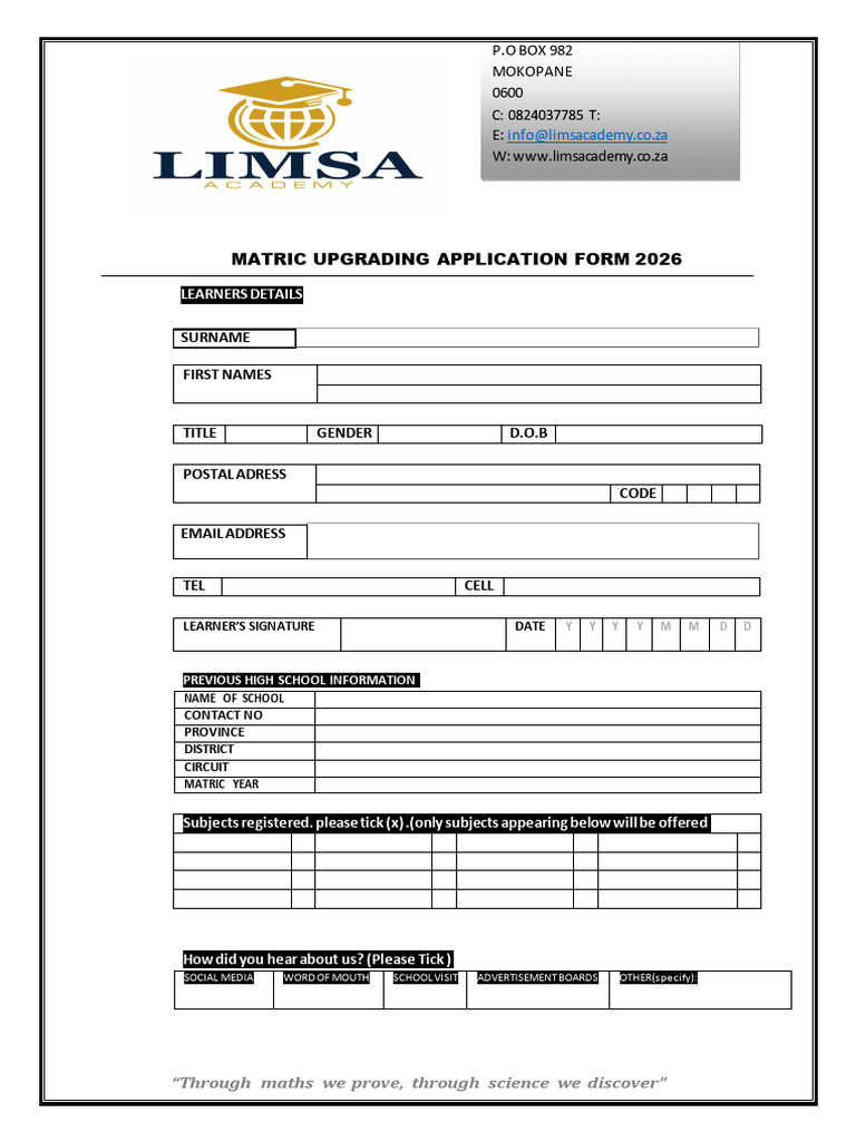 LiMSA Matric Upgrading 2026 Form | PDF