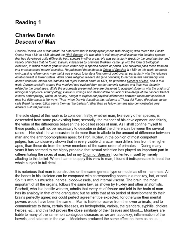 Reading 1 Darwin Descent of Man | PDF | Charles Darwin | On The Origin ...