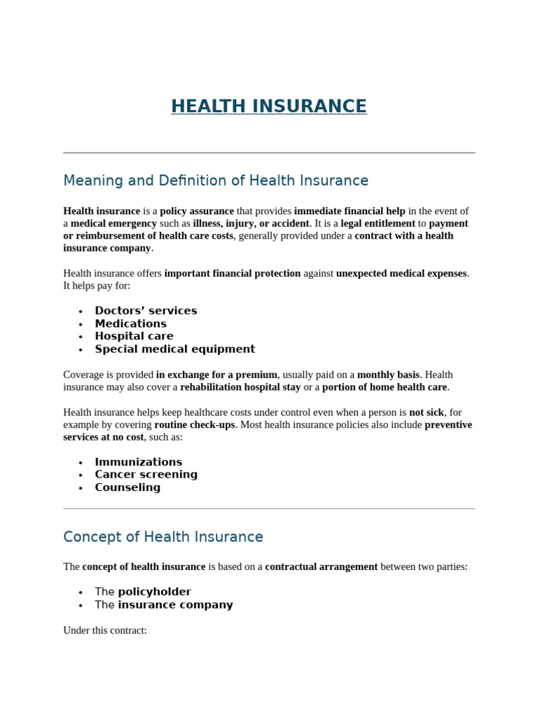 Meaning and Definition of Health Insurance | PDF | Insurance | Social ...
