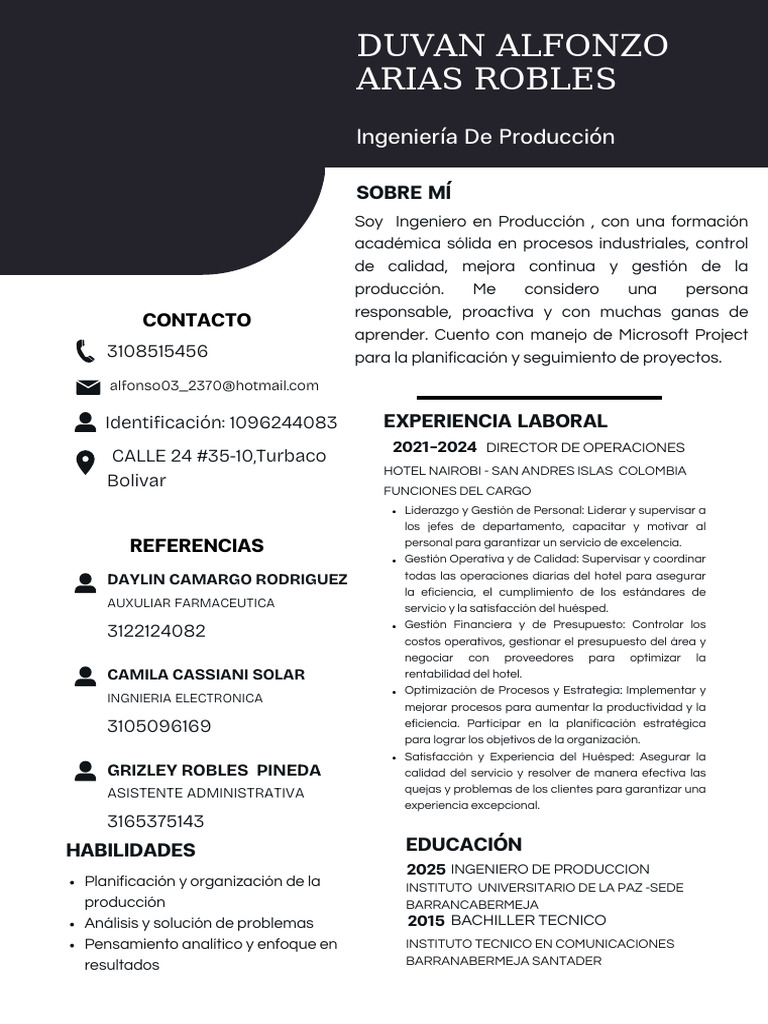 Cv Duvan Arias Robles | PDF | Planificación | Hotel
