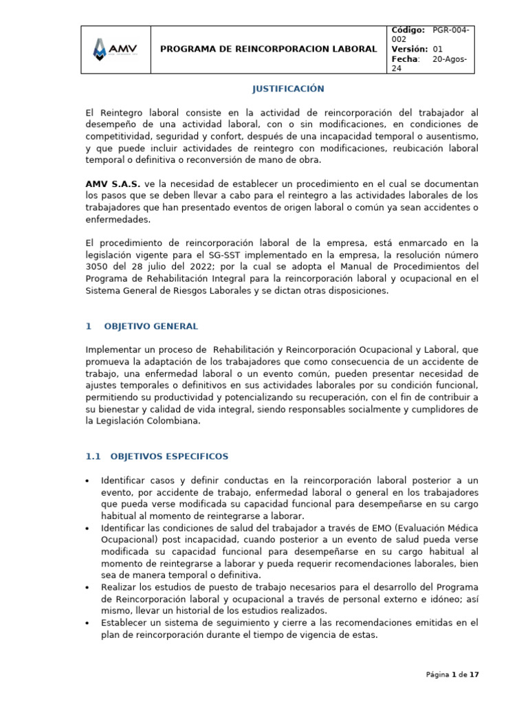 Programa de Reincorporacion Laboral 2024 | PDF | Seguridad y salud ...
