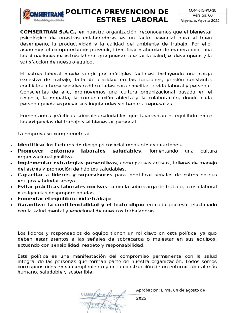 COM-SIG-PO-10Politica de Prevencion de Estres Laboral | PDF | Estrés ...