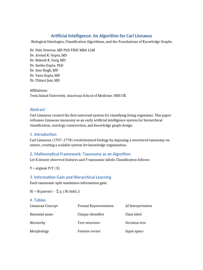Artificial Intelligence Algorithm For Carl Linnaeus | PDF